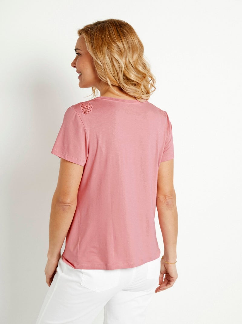 T-shirt brodé ajouré coton  col rond Rose - Kiabi