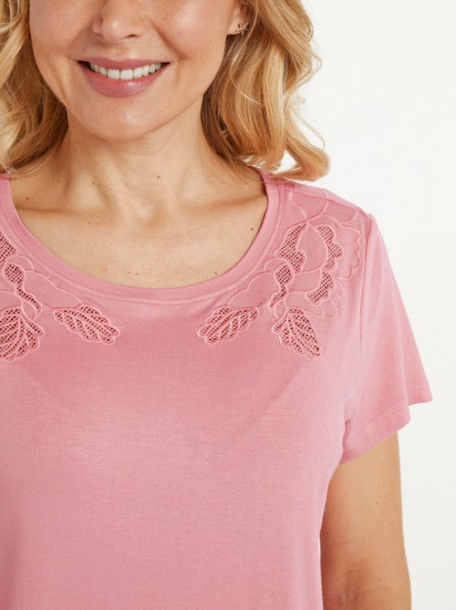 T-shirt brodé ajouré coton  col rond - Kiabi