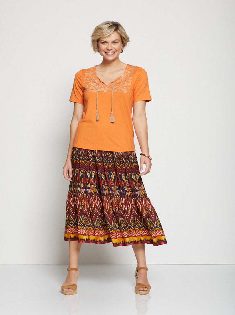T-shirt brodé droit lien pompoms Orange - Kiabi