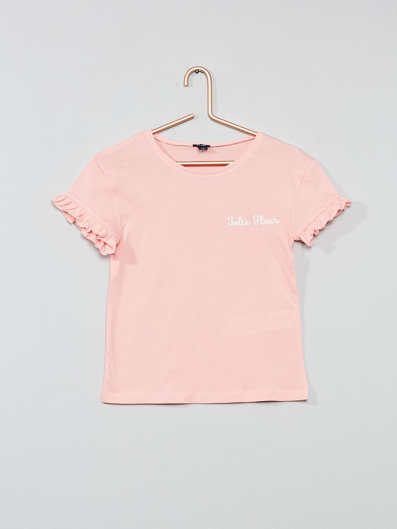 T-shirt brodé 'Jolie Fleur' rose - Kiabi