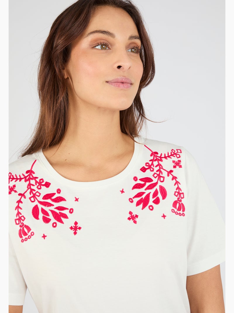T-shirt brodé pur coton - Damart Blanc - Kiabi