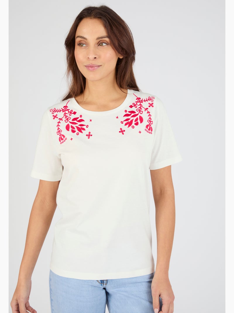 T-shirt brodé pur coton - Damart Blanc - Kiabi