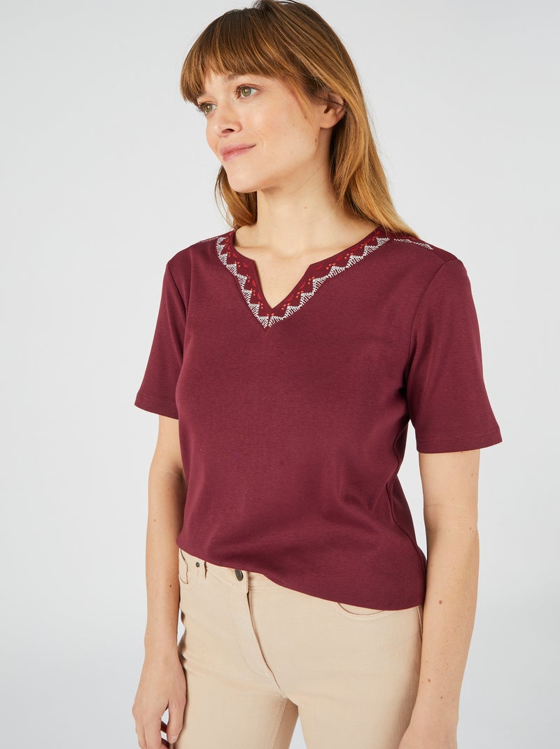 T-shirt brodé pur coton - Damart Bordeaux - Kiabi