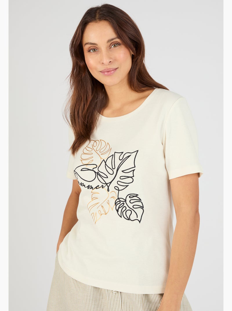 T-shirt brodé pur coton - Damart Marron - Kiabi