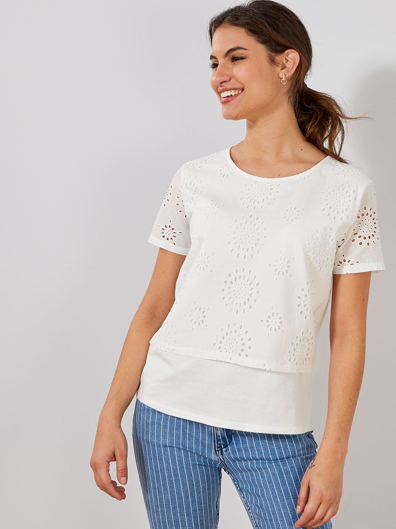 Sport Femme  Kiabi T-shirt long avec broderie Blanc < Épicerie