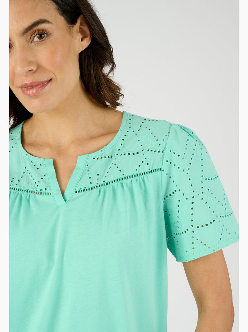T-shirt broderie anglaise pur coton - Damart Bleu - Kiabi