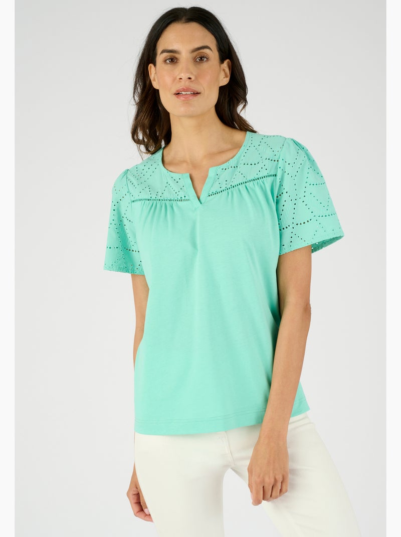 T-shirt broderie anglaise pur coton - Damart Bleu - Kiabi