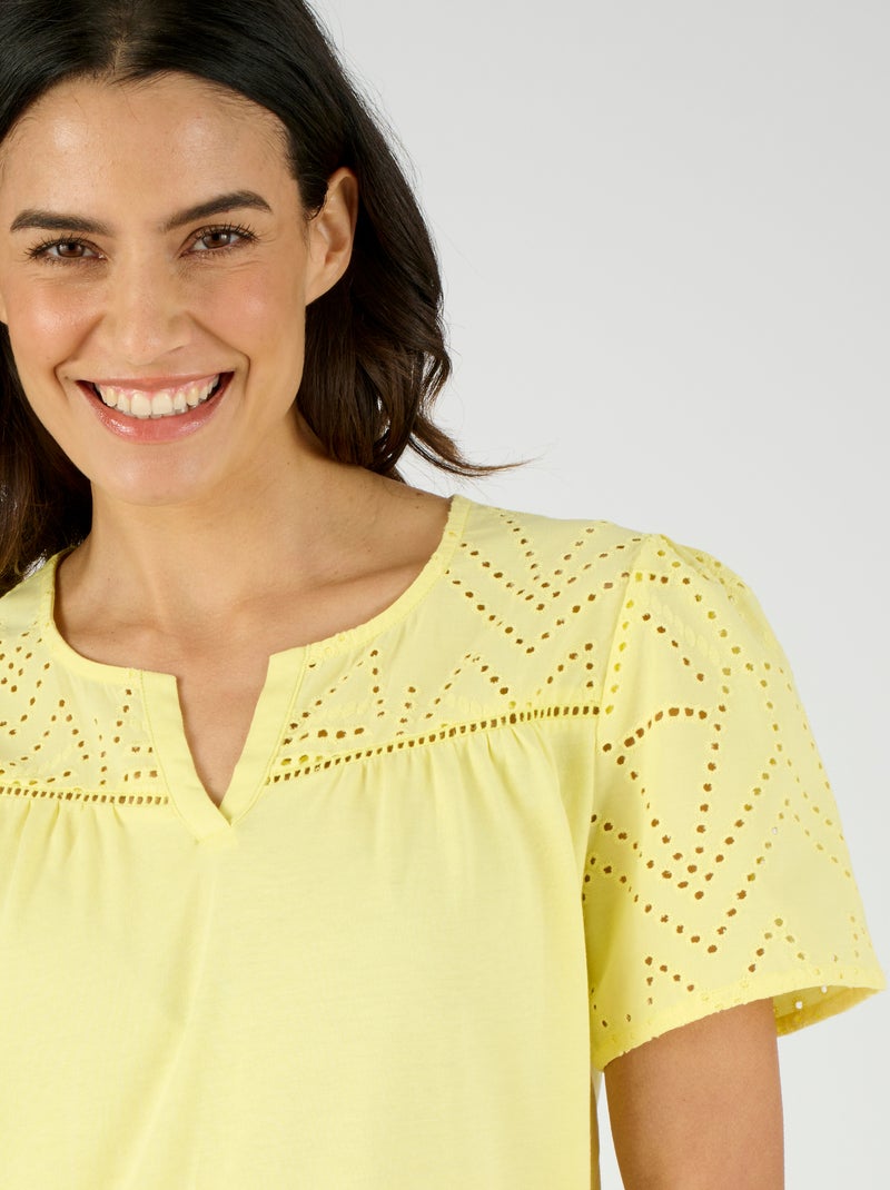 T-shirt broderie anglaise pur coton - Damart Jaune - Kiabi