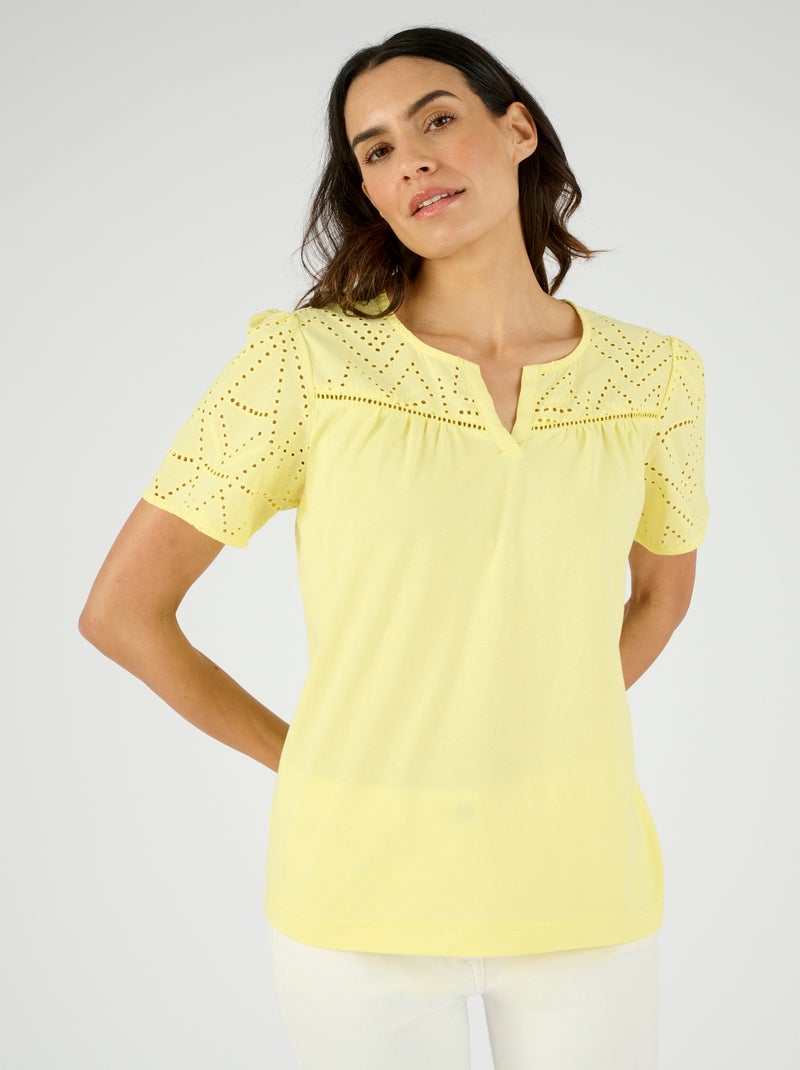 T-shirt broderie anglaise pur coton - Damart Jaune - Kiabi