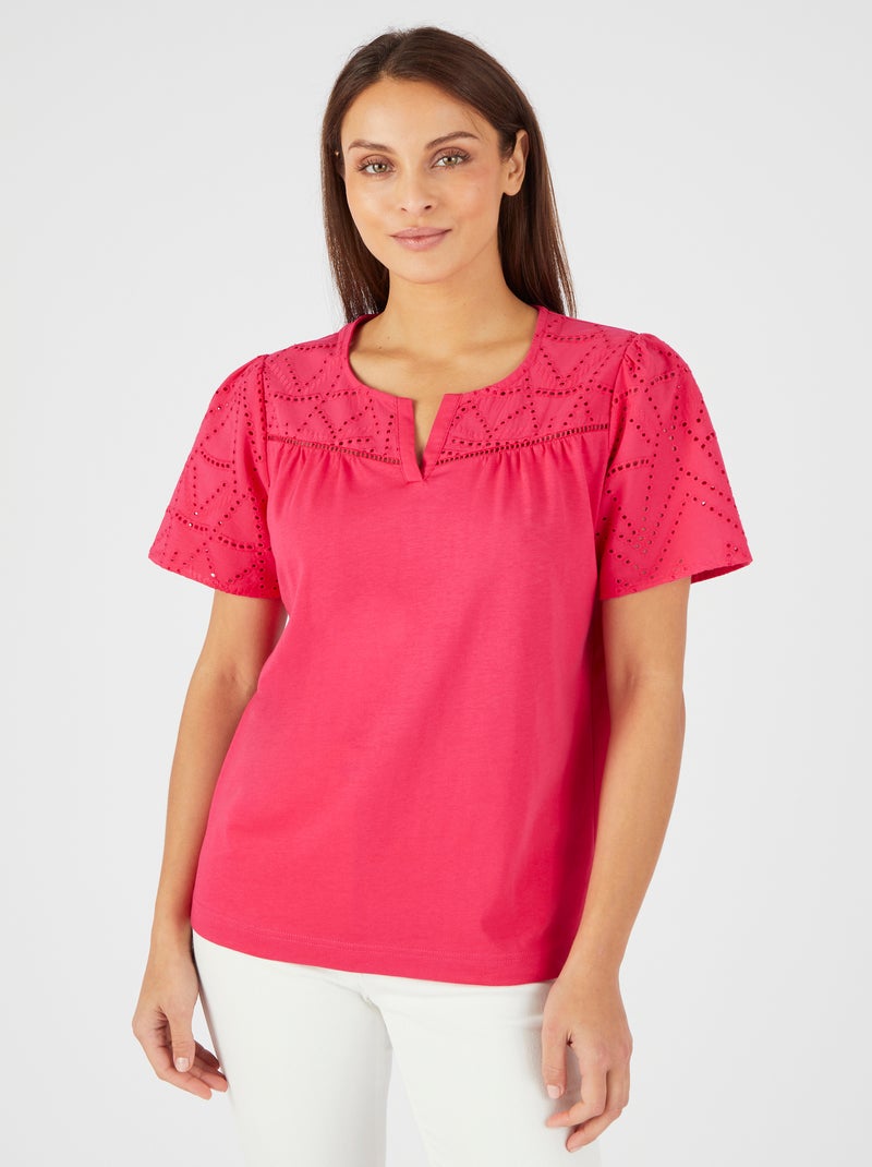 T-shirt broderie anglaise pur coton - Damart Rose - Kiabi