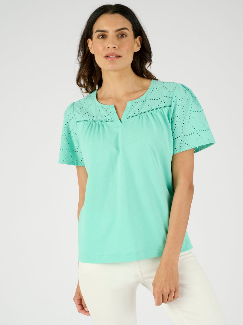 T-shirt broderie anglaise pur coton - Damart Vert d'eau - Kiabi