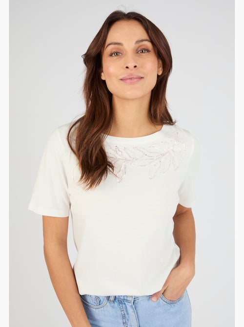 T-shirt broderie et sequins pur coton - Damart - Kiabi