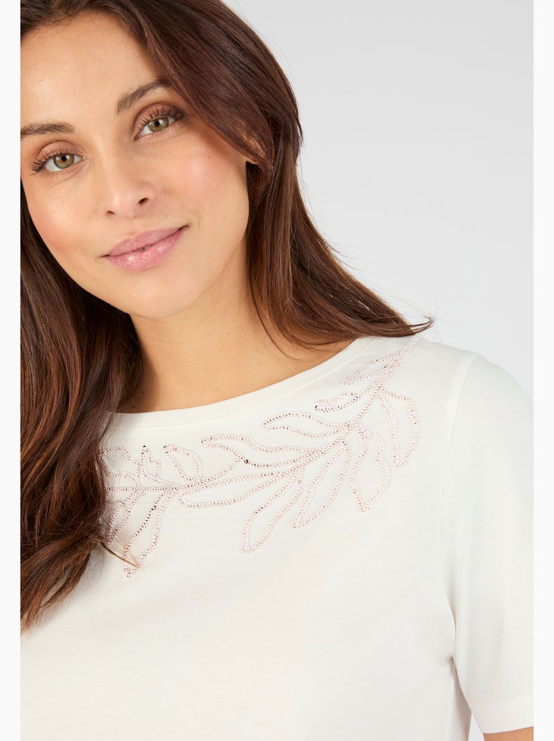 T-shirt broderie et sequins pur coton - Damart Blanc - Kiabi