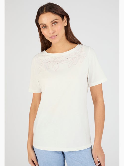 T-shirt broderie et sequins pur coton - Damart - Kiabi