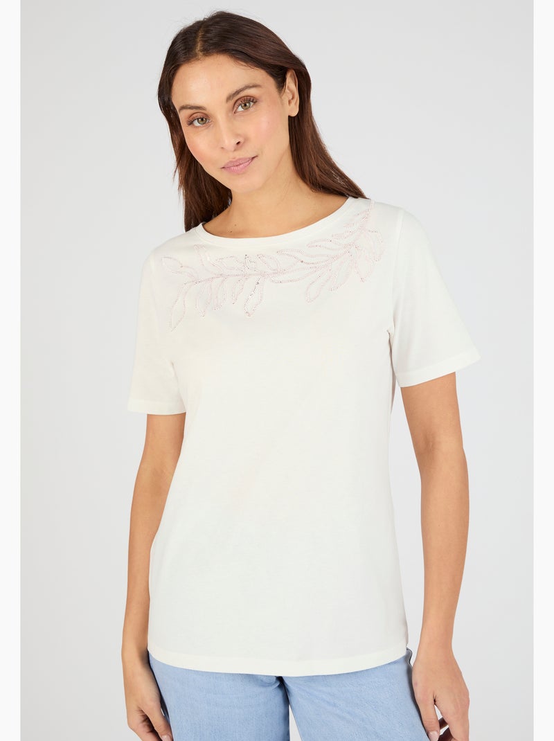 T-shirt broderie et sequins pur coton - Damart Blanc - Kiabi