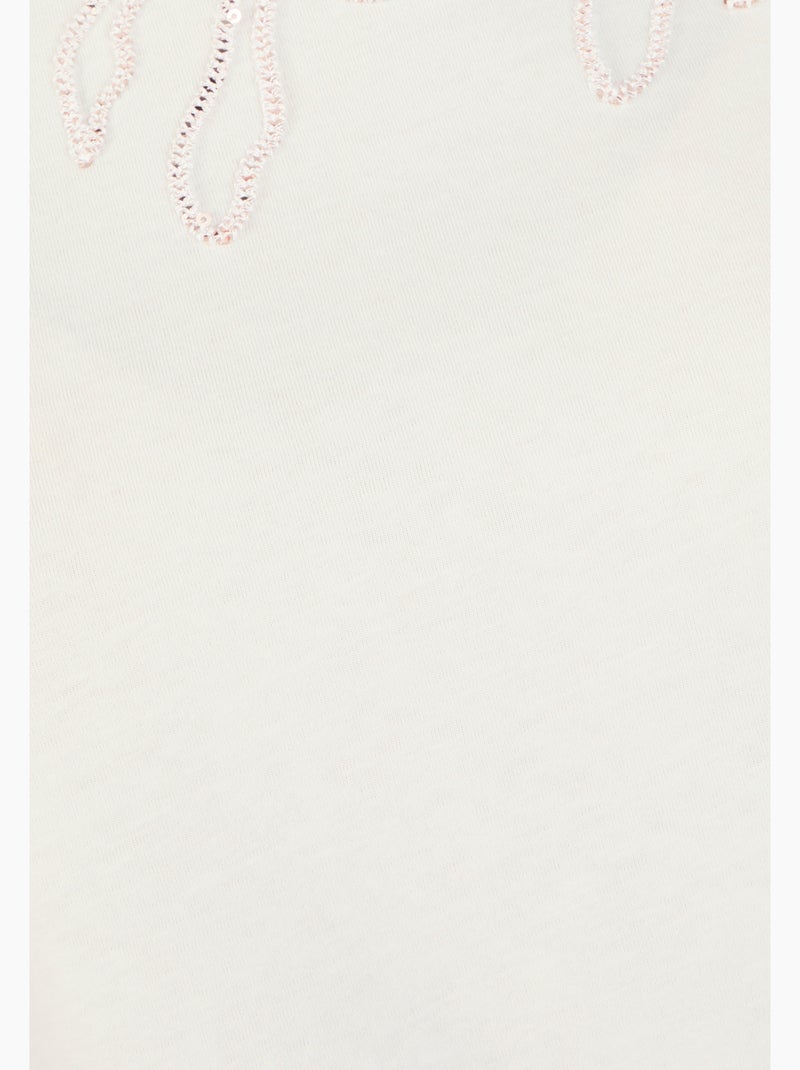 T-shirt broderie et sequins pur coton - Damart Blanc - Kiabi