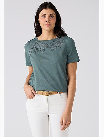 T-shirt broderie et sequins pur coton - Damart