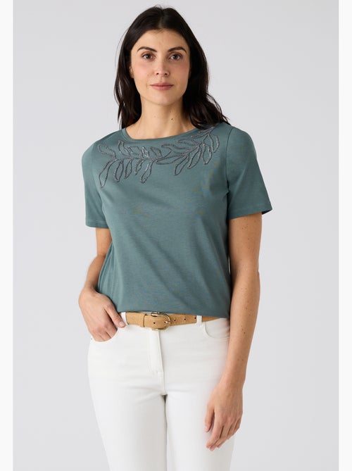 T-shirt broderie et sequins pur coton - Damart - Kiabi