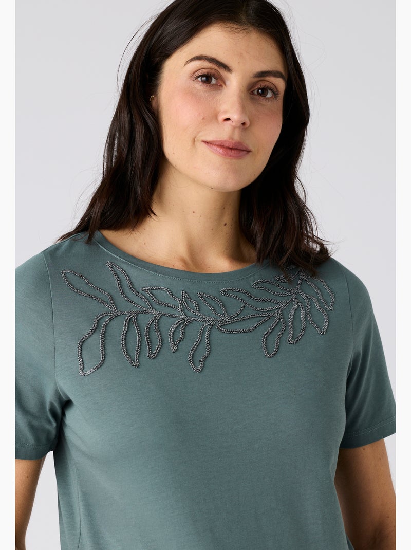 T-shirt broderie et sequins pur coton - Damart Vert - Kiabi