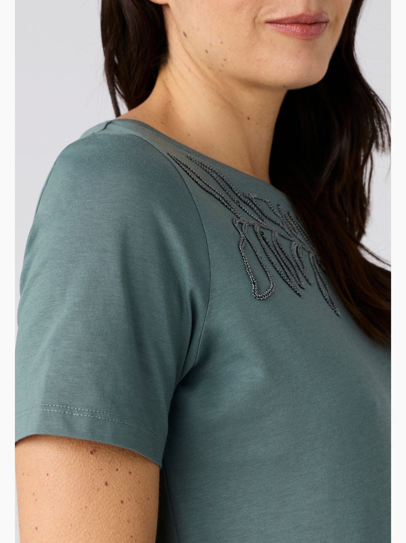 T-shirt broderie et sequins pur coton - Damart Vert - Kiabi