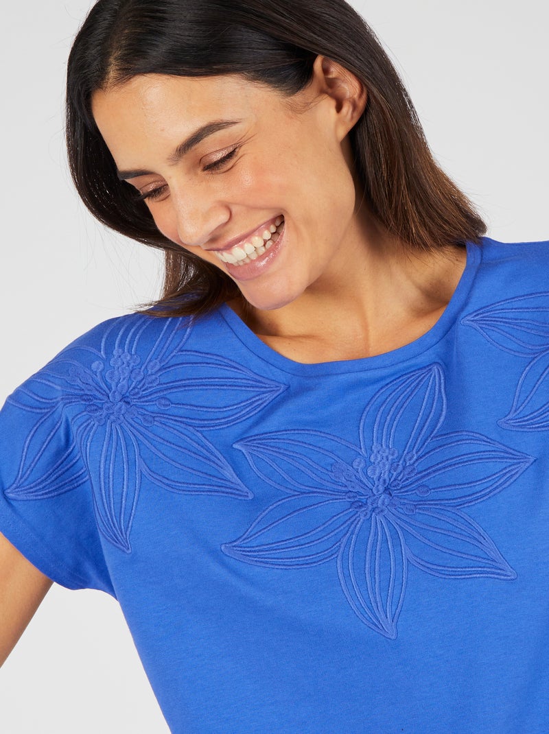 T-shirt broderie ton sur ton - Damart Bleu - Kiabi