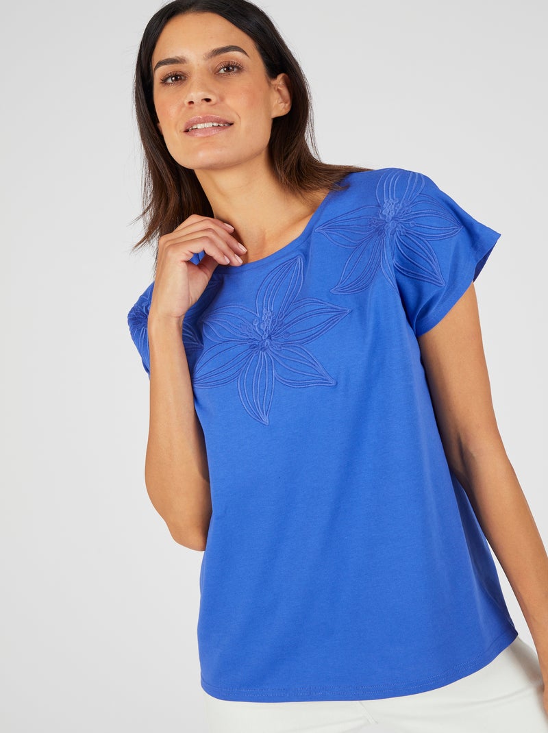 T-shirt broderie ton sur ton - Damart Bleu - Kiabi