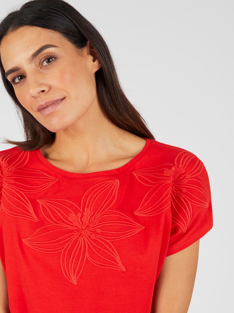T-shirt broderie ton sur ton - Damart Rouge - Kiabi