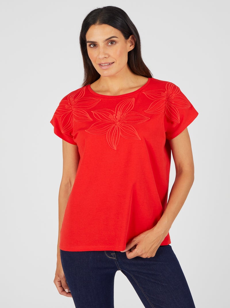 T-shirt broderie ton sur ton - Damart Rouge - Kiabi