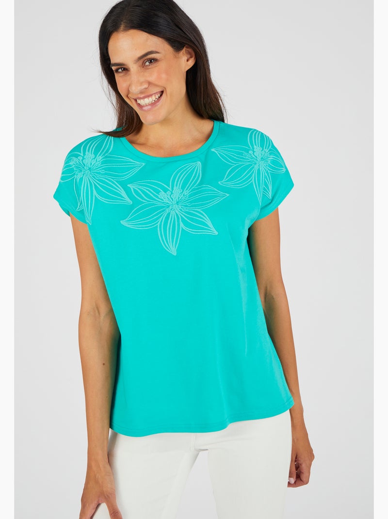 T-shirt broderie ton sur ton - Damart Vert - Kiabi