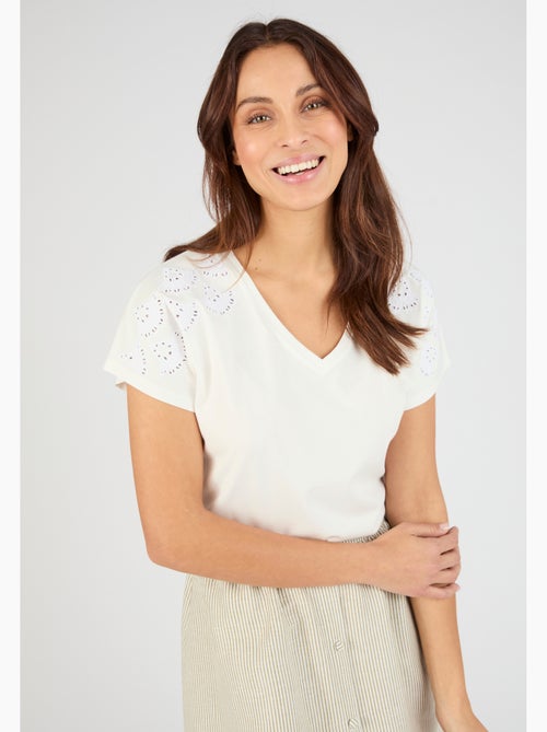 T-shirt broderies ajourées en pur coton - Damart - Kiabi