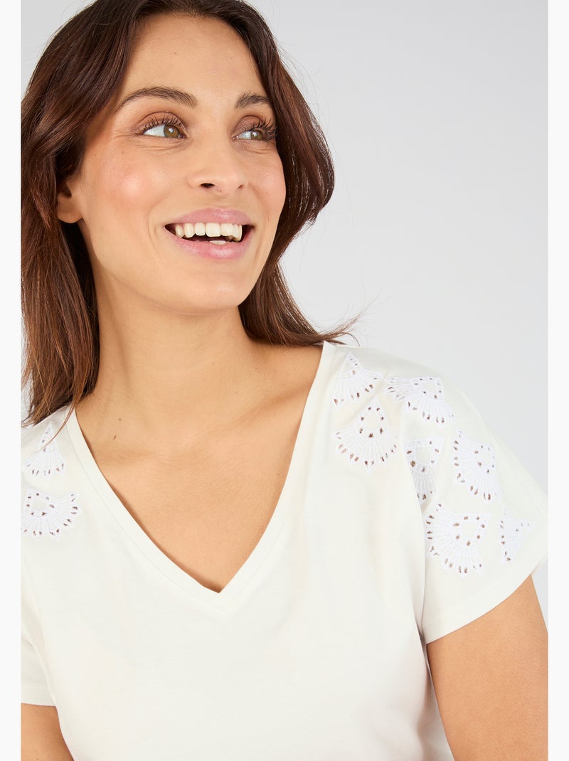 T-shirt broderies ajourées en pur coton - Damart Blanc - Kiabi