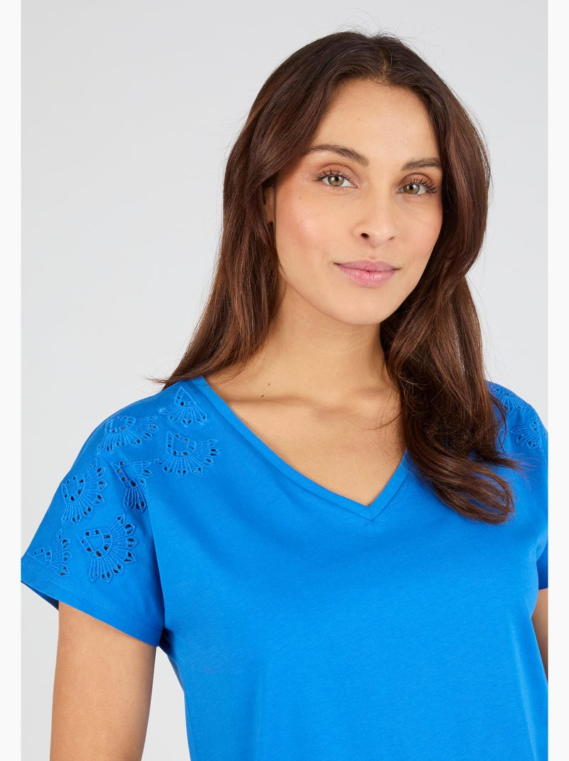 T-shirt broderies ajourées en pur coton - Damart Bleu - Kiabi