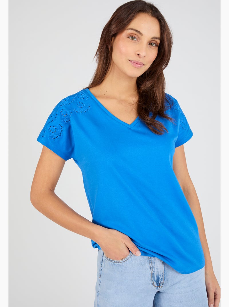 T-shirt broderies ajourées en pur coton - Damart Bleu - Kiabi