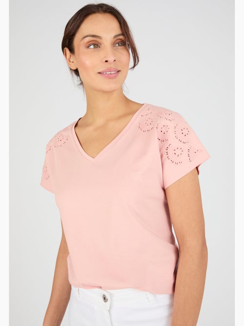 T-shirt broderies ajourées en pur coton - Damart - Kiabi