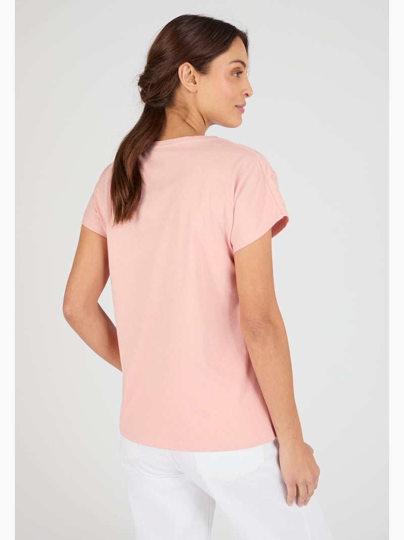 T-shirt broderies ajourées en pur coton - Damart Rose - Kiabi