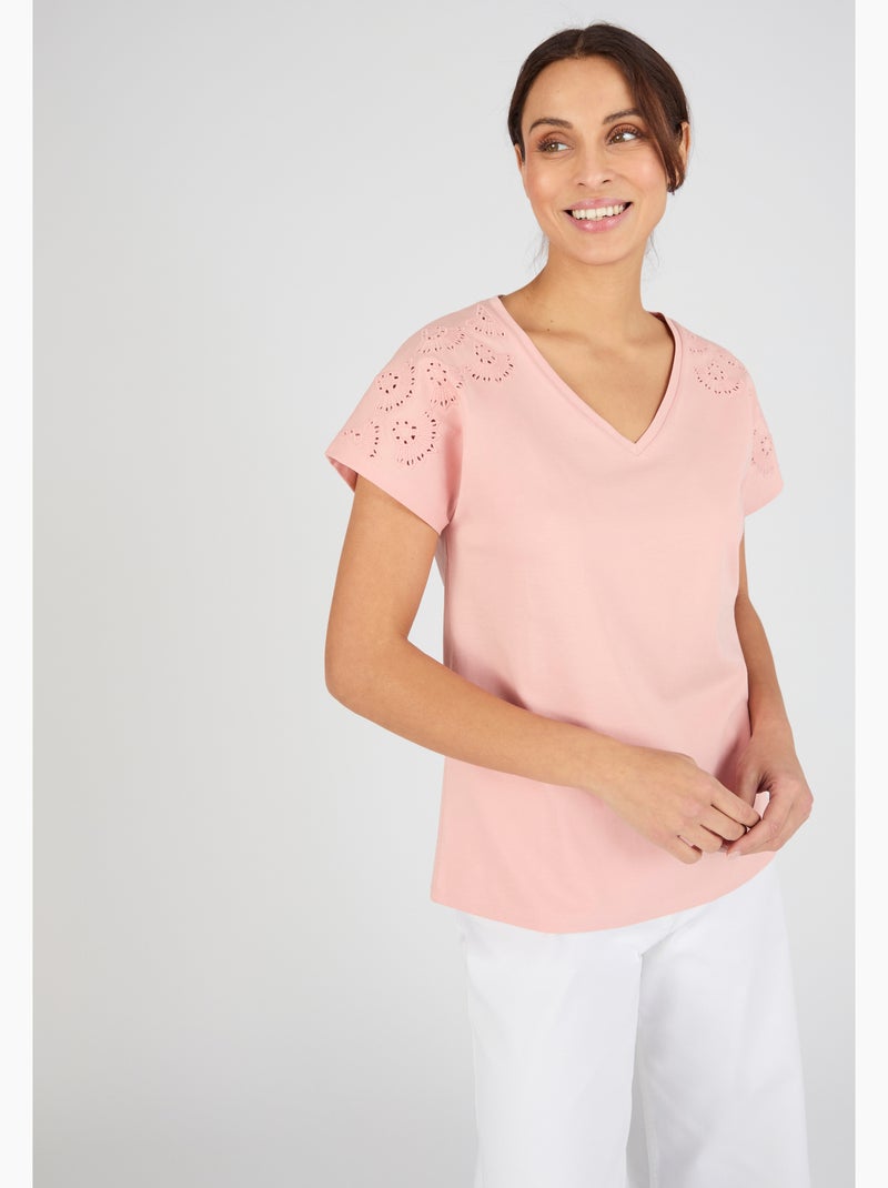 T-shirt broderies ajourées en pur coton - Damart Rose - Kiabi