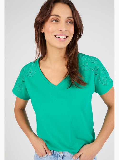 T-shirt broderies ajourées en pur coton - Damart - Kiabi