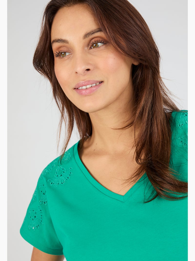 T-shirt broderies ajourées en pur coton - Damart Vert - Kiabi