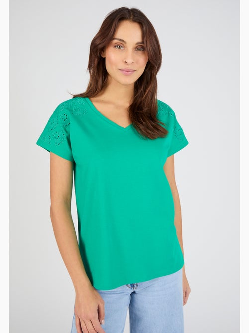 T-shirt broderies ajourées en pur coton - Damart - Kiabi