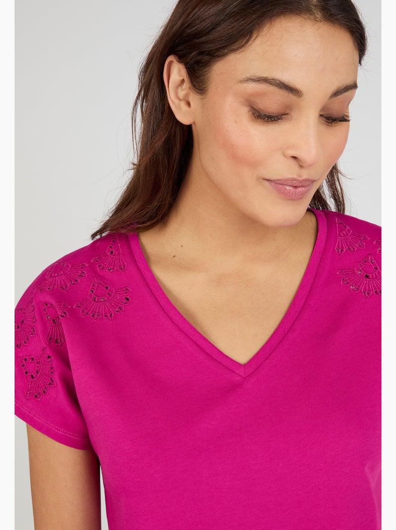 T-shirt broderies ajourées en pur coton - Damart Violet - Kiabi