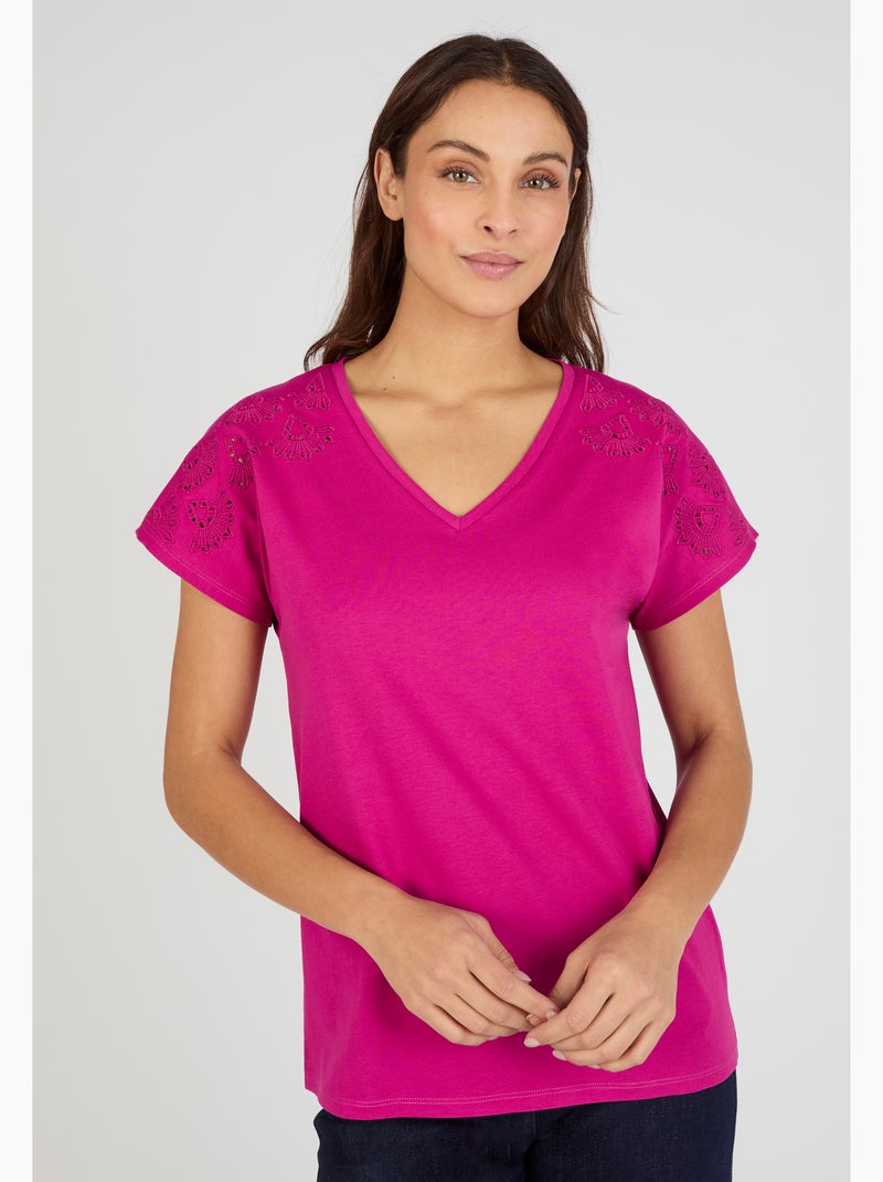 T-shirt broderies ajourées en pur coton - Damart Violet - Kiabi