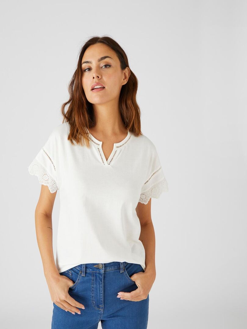 T-shirt Damart Femme Broderie Anglaise - Modèle Bi-matière Coton, Manches Courtes, Coupe Standard