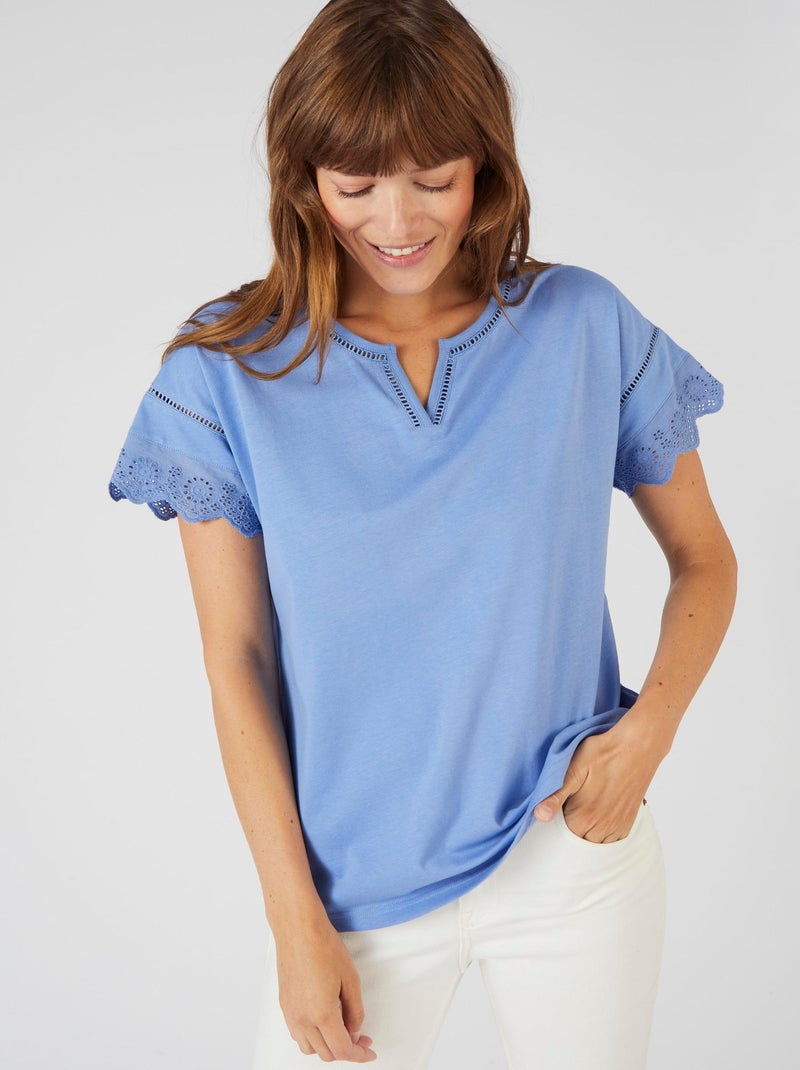 T-shirt broderies anglaises pur coton - Damart Bleu - Kiabi