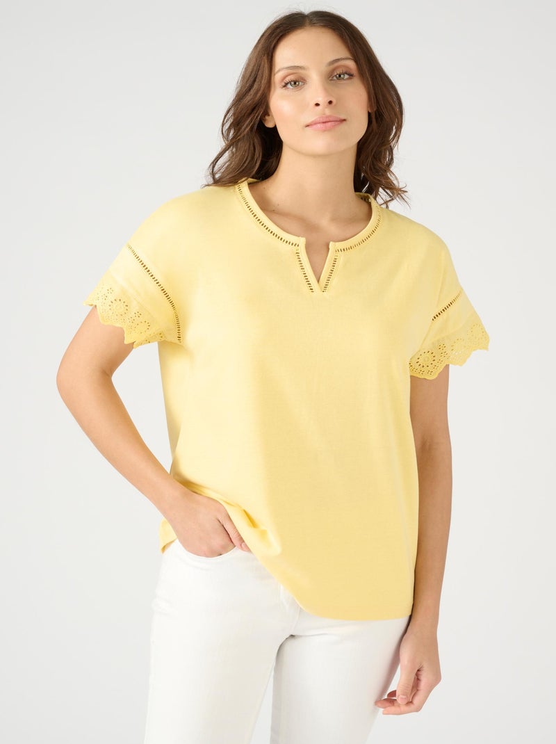 T-shirt broderies anglaises pur coton - Damart Jaune - Kiabi