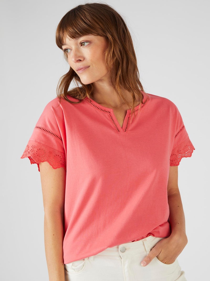 T-shirt broderies anglaises pur coton - Damart Orange corail - Kiabi