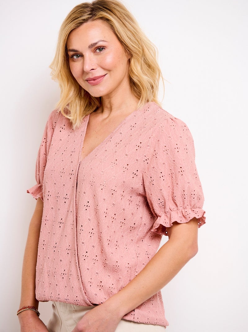 T-shirt cache-coeur blousant broderie Rose - Kiabi