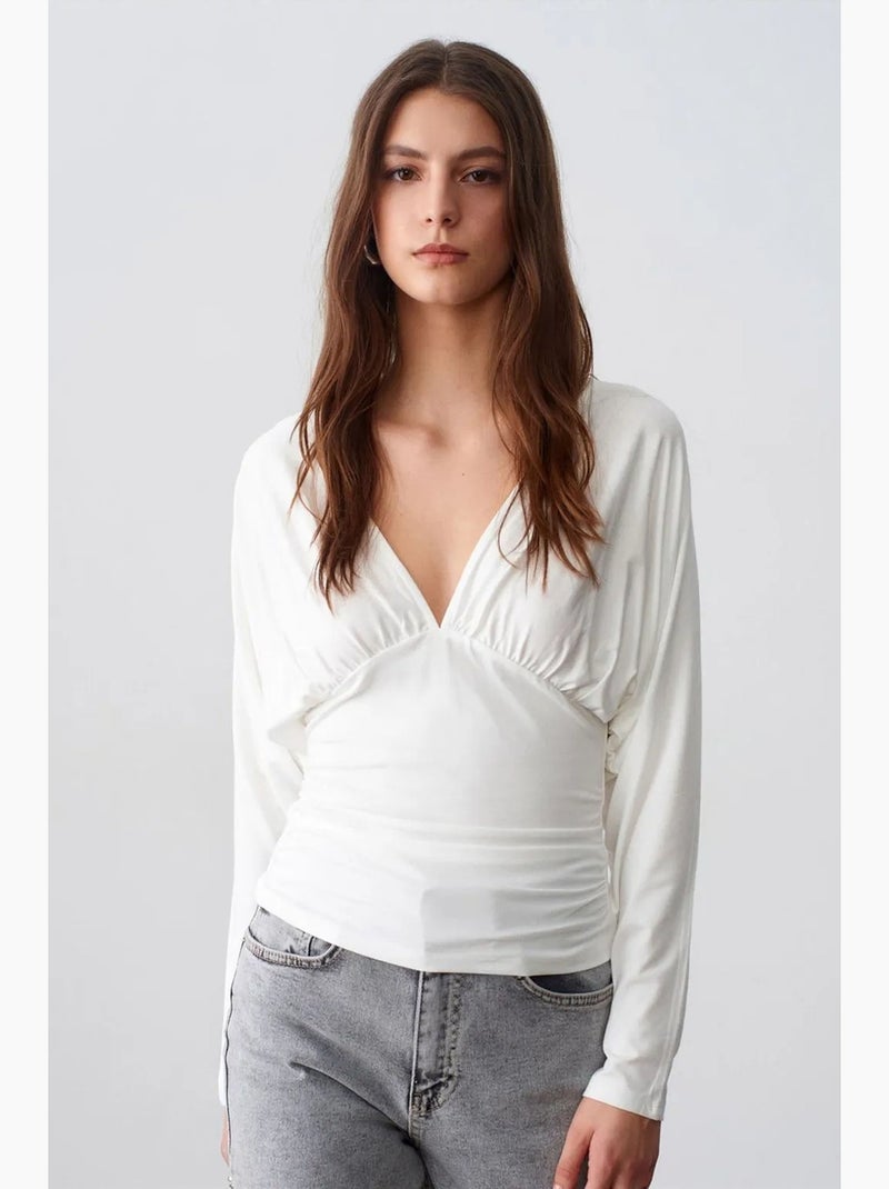 T-shirt cache-cœur col v manches longues dilvin Blanc - Kiabi