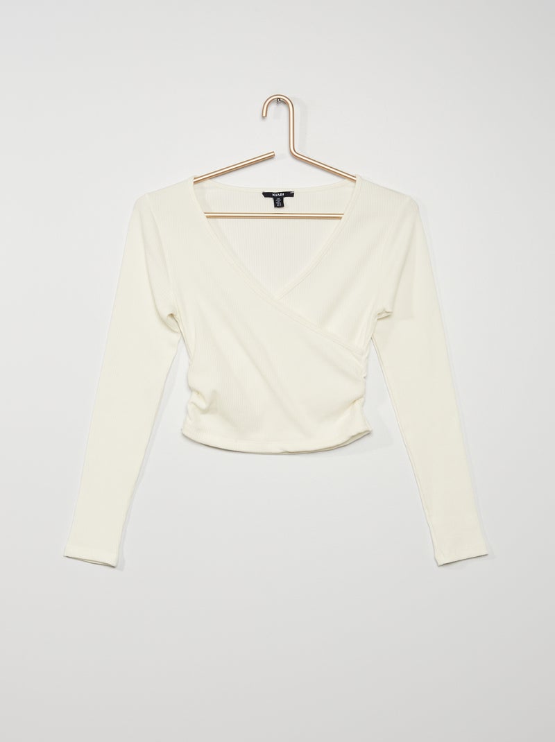 T-shirt cache-cœur en maille cotelée blanc - Kiabi