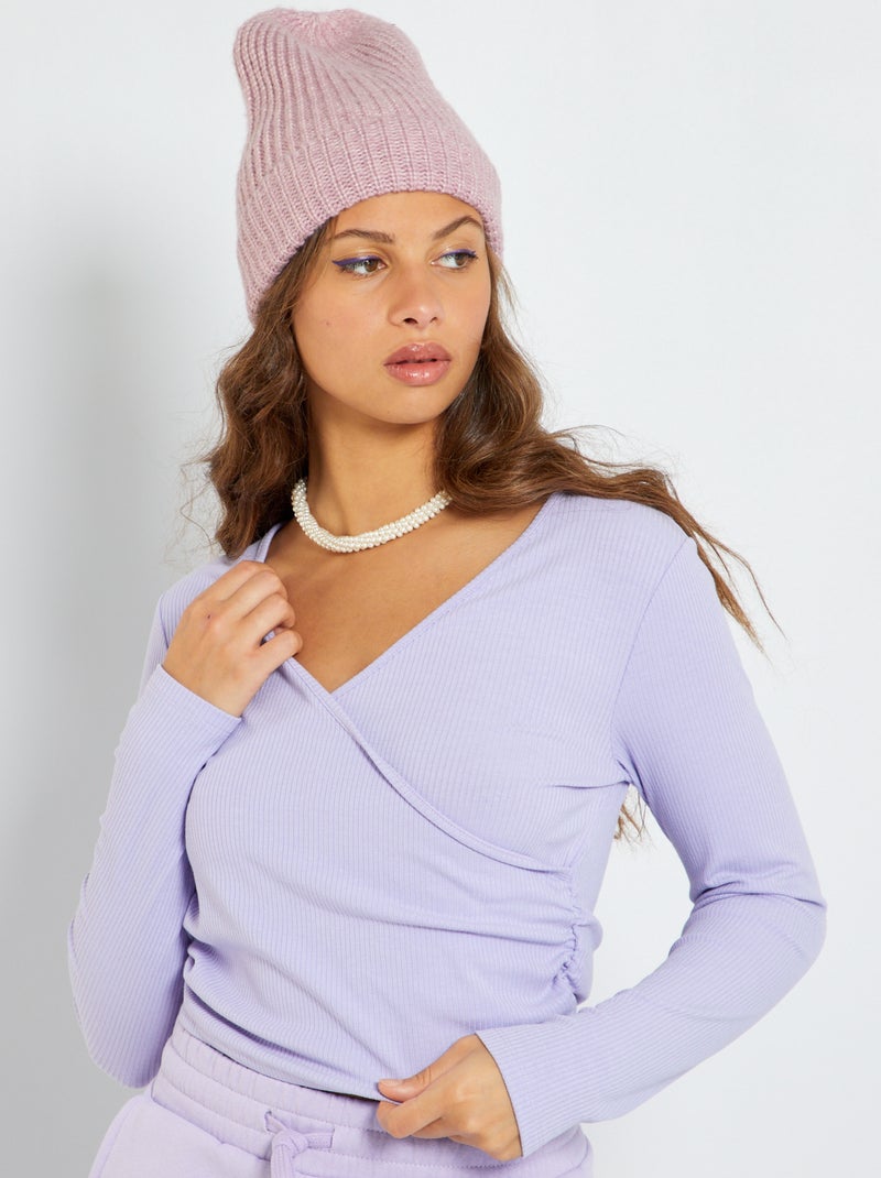 T-shirt cache-cœur en maille cotelée Lilas - Kiabi