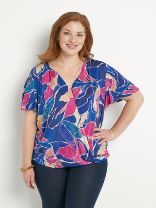 T-shirt cache-coeur long blousant motif floral